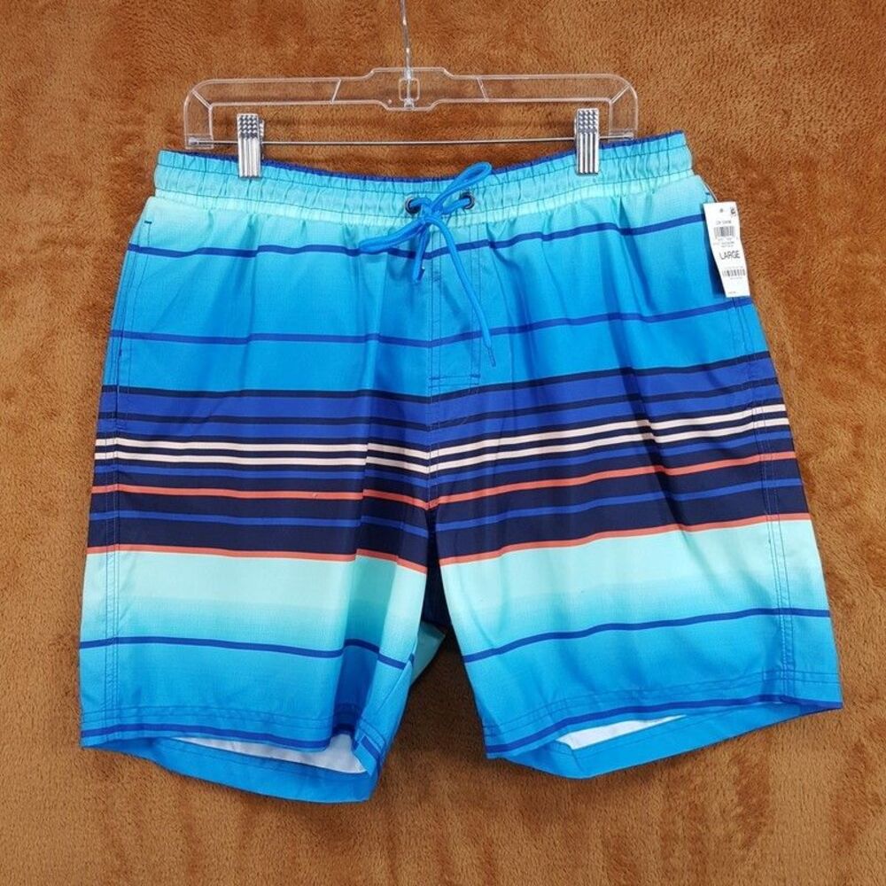 CLUB ROOM Swim Trunks Large Blue Stripe Drawstring Quick Dry Shorts 7"